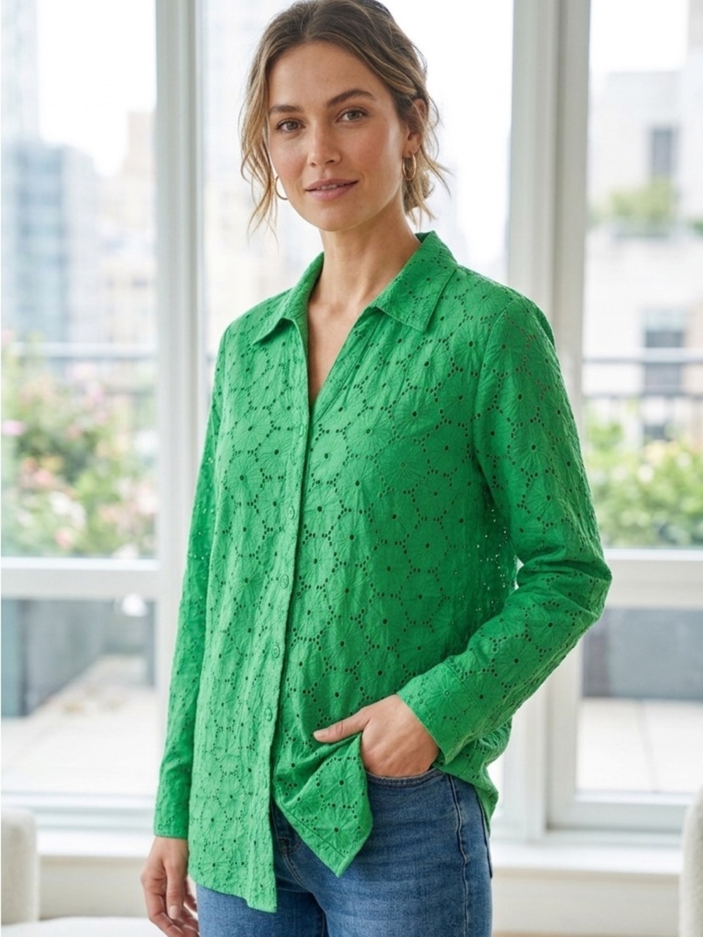 Nicole Miller | Vibrant Green Eyelet Button-Down Shirt | 100% Cotton | Sz M